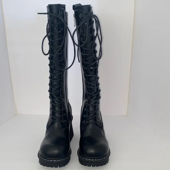 NWOB- Dolls Kill Current Mood Black Lace-Up Knee-High Boots - Picture 5 of 7